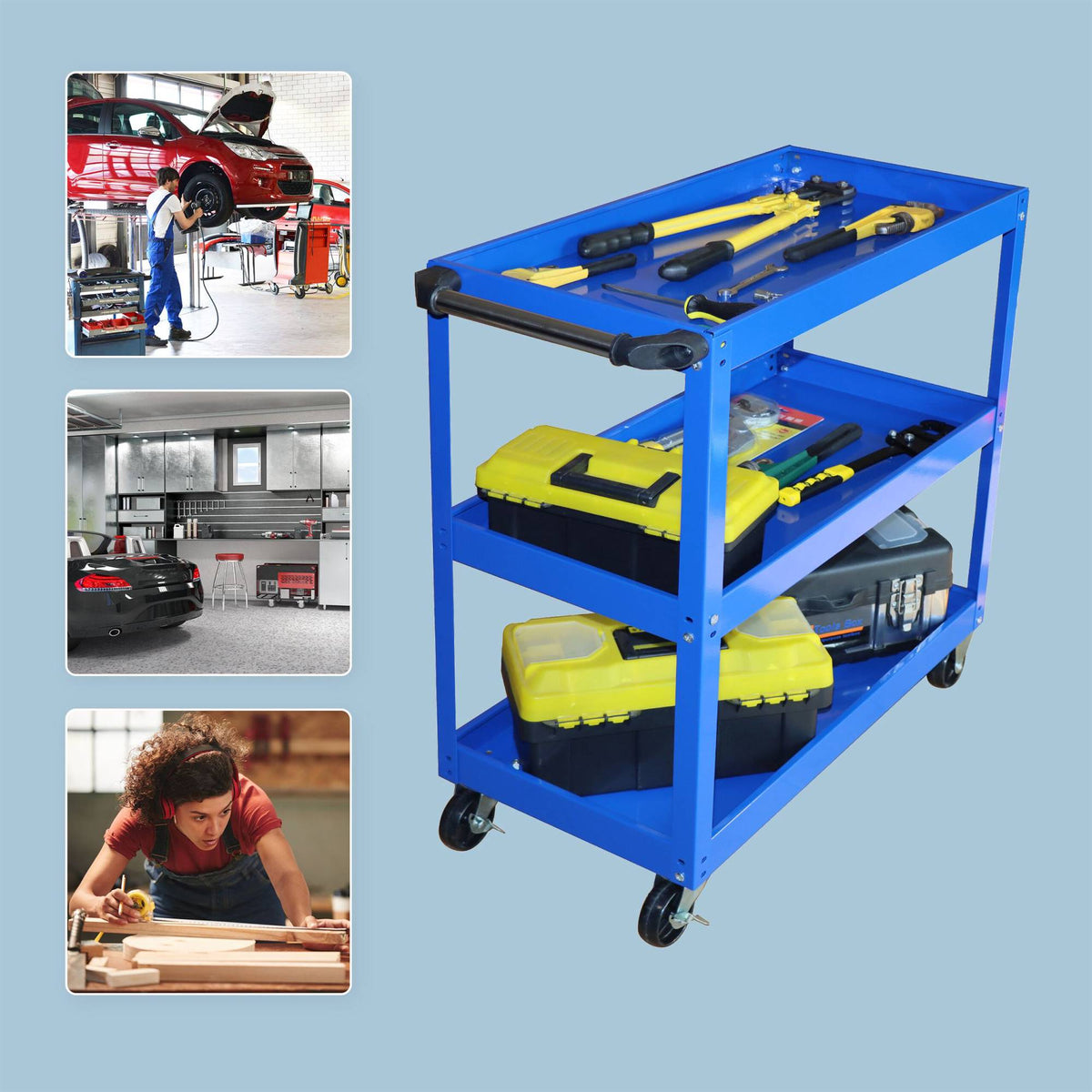 3-Tier Workshop Trolley with Swivel Castors