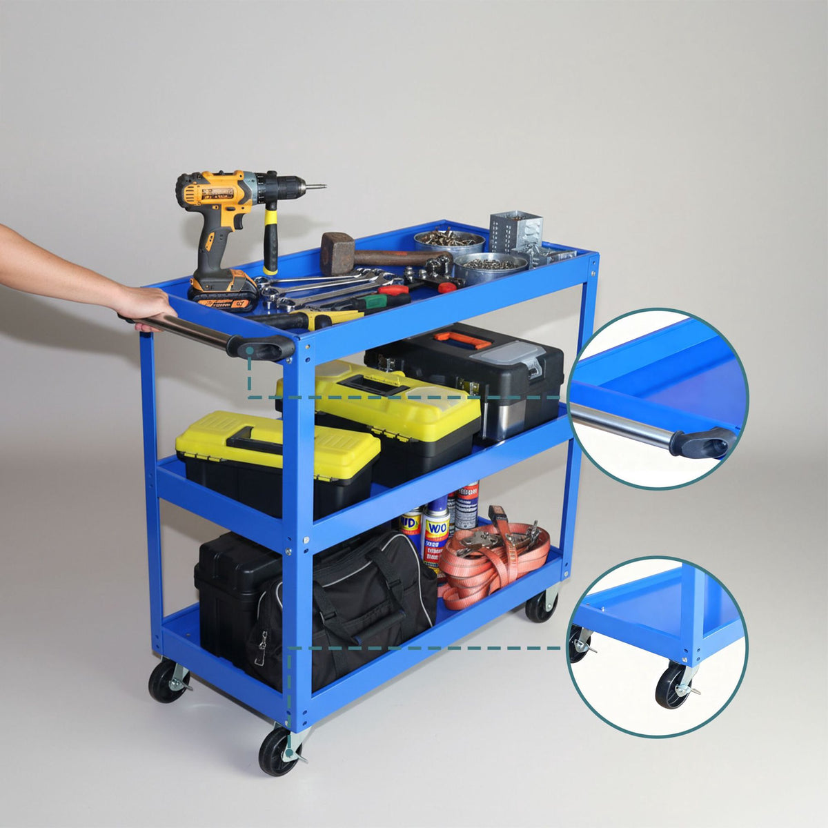 3-Tier Workshop Trolley with Swivel Castors