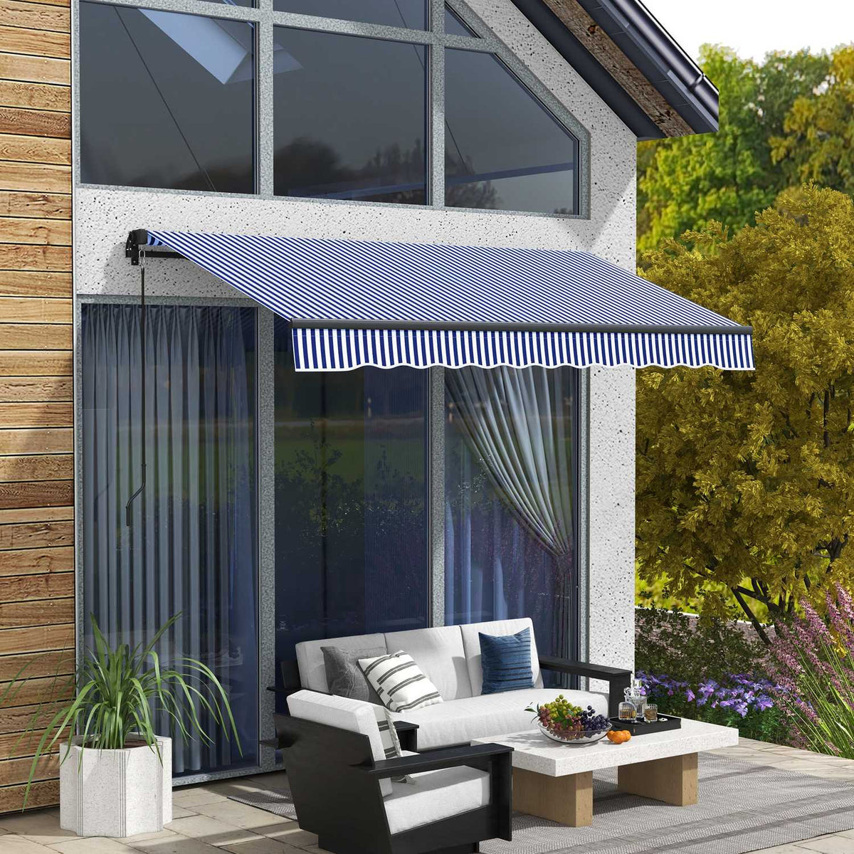 3 X 2.5 M Awning Wall Mounted Balcony Awning With Hand Crank, Sun Protection, Sun Canopy For Balcony Aluminum Blue + White