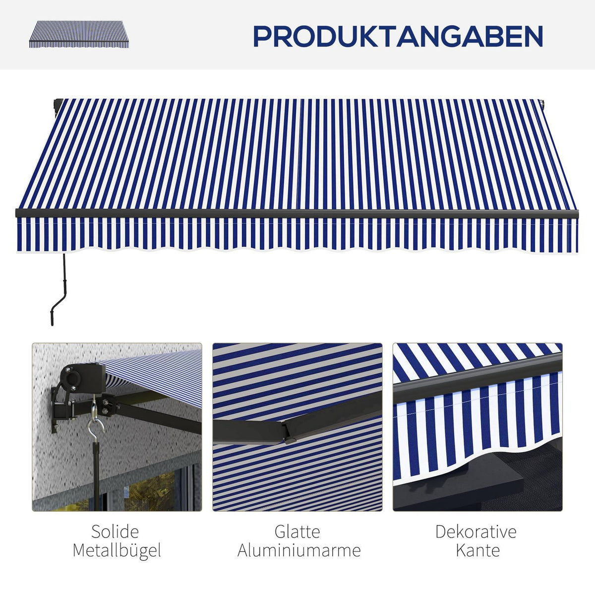 3 X 2.5 M Awning Wall Mounted Balcony Awning With Hand Crank, Sun Protection, Sun Canopy For Balcony Aluminum Blue + White