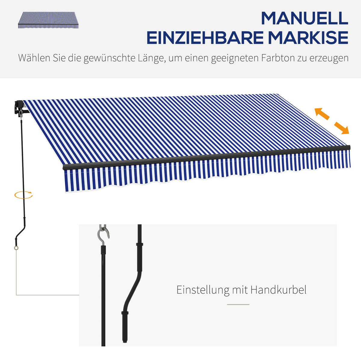 3 X 2.5 M Awning Wall Mounted Balcony Awning With Hand Crank, Sun Protection, Sun Canopy For Balcony Aluminum Blue + White