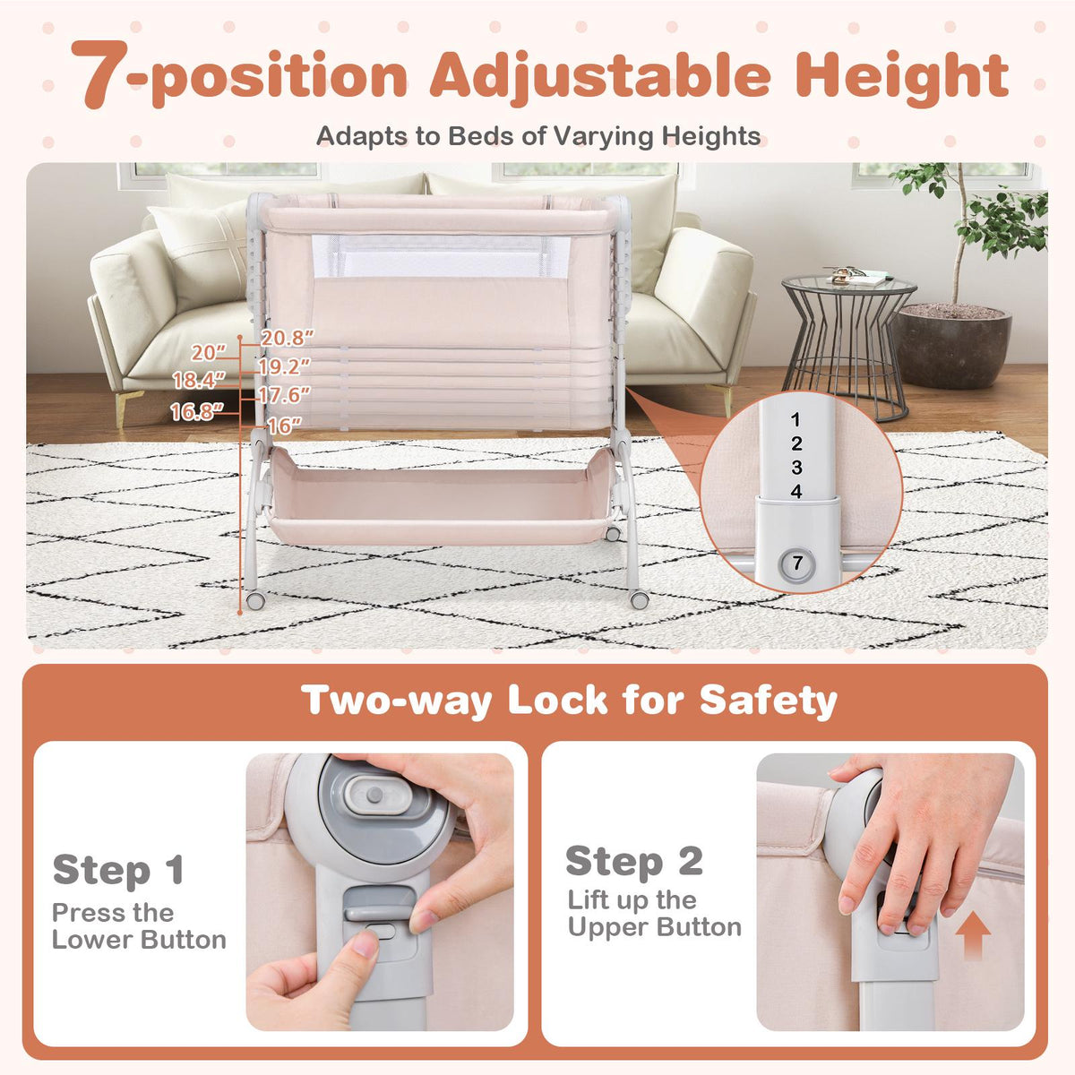3-in-1 Baby Bassinet, Adjustable Height Bedside Sleeper, Beige