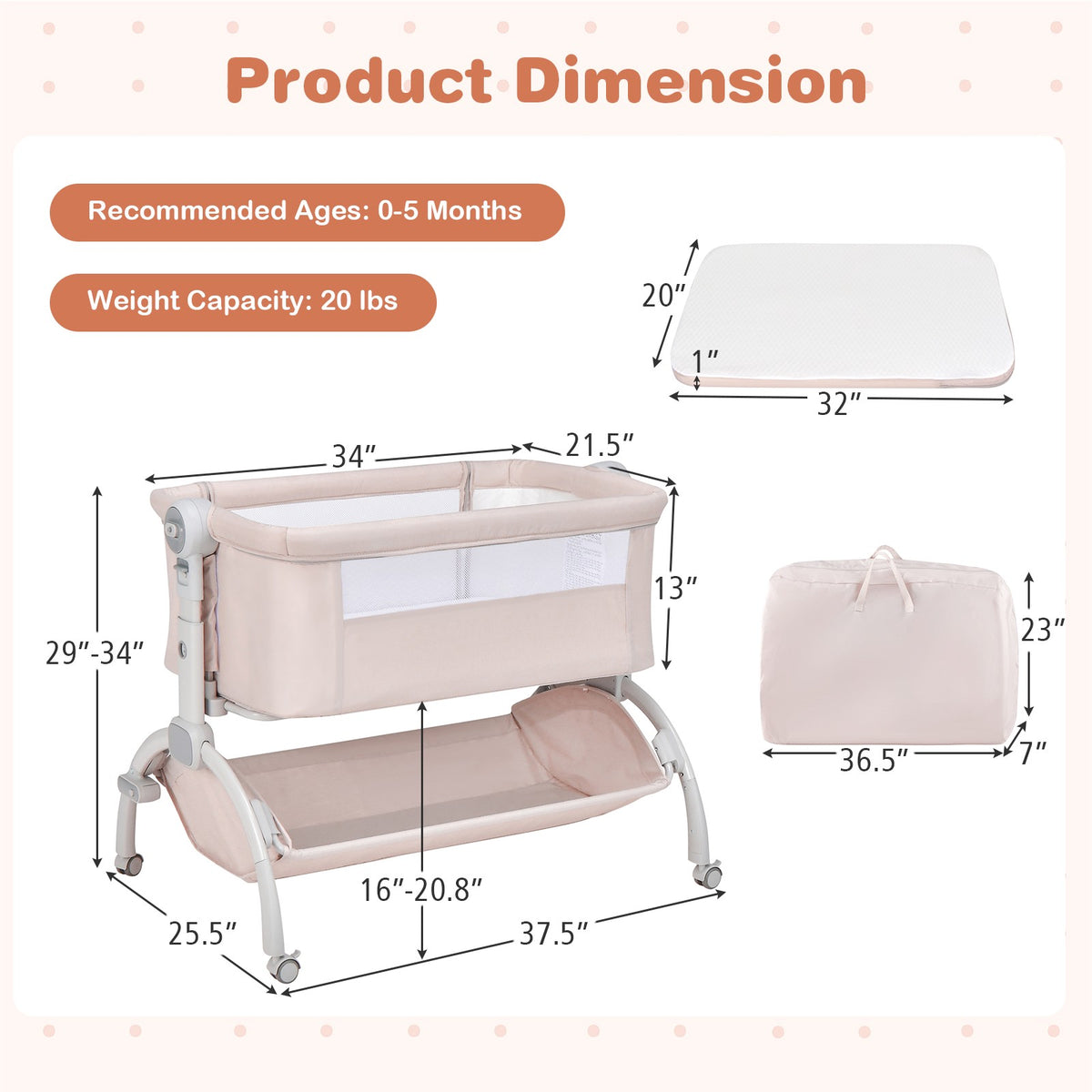 3-in-1 Baby Bassinet, Adjustable Height Bedside Sleeper, Beige