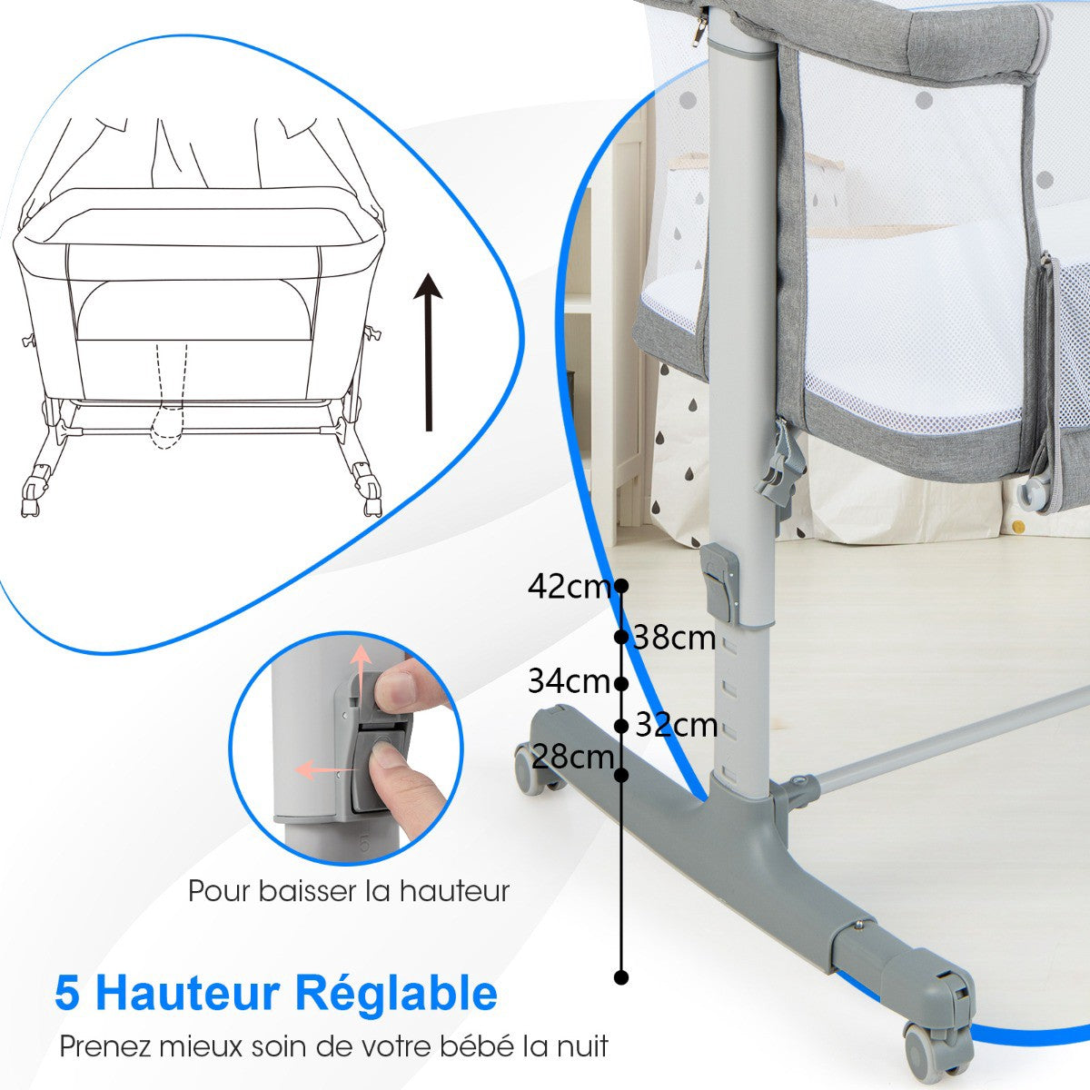 3-in-1 Baby Co-Sleeper, Adjustable Height, Mattress, Bag