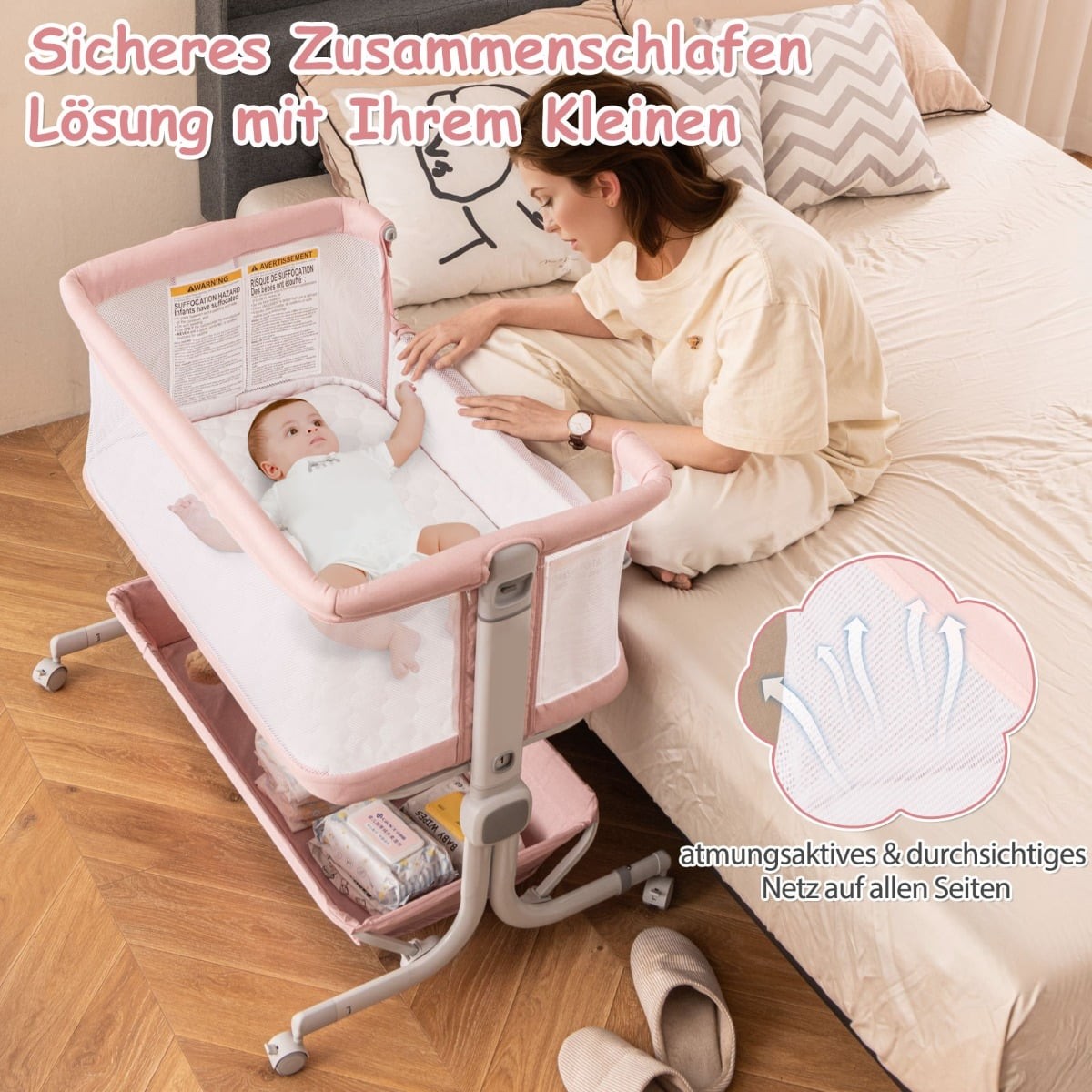 3-in-1 Baby Crib with Mattress, Adjustable Height, Pink
