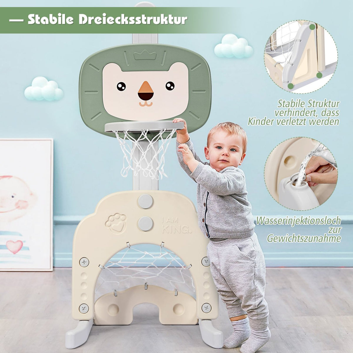 3-in-1 Basketball Hoop Set Toddler Basketball Hoop with Adjustable Height Basketball Football Golf Set Green + White