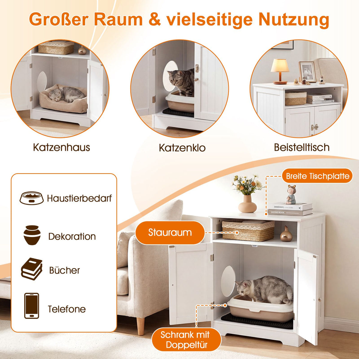 3-in-1 Cat Litter Box Enclosure with Mat and Lockable Doors