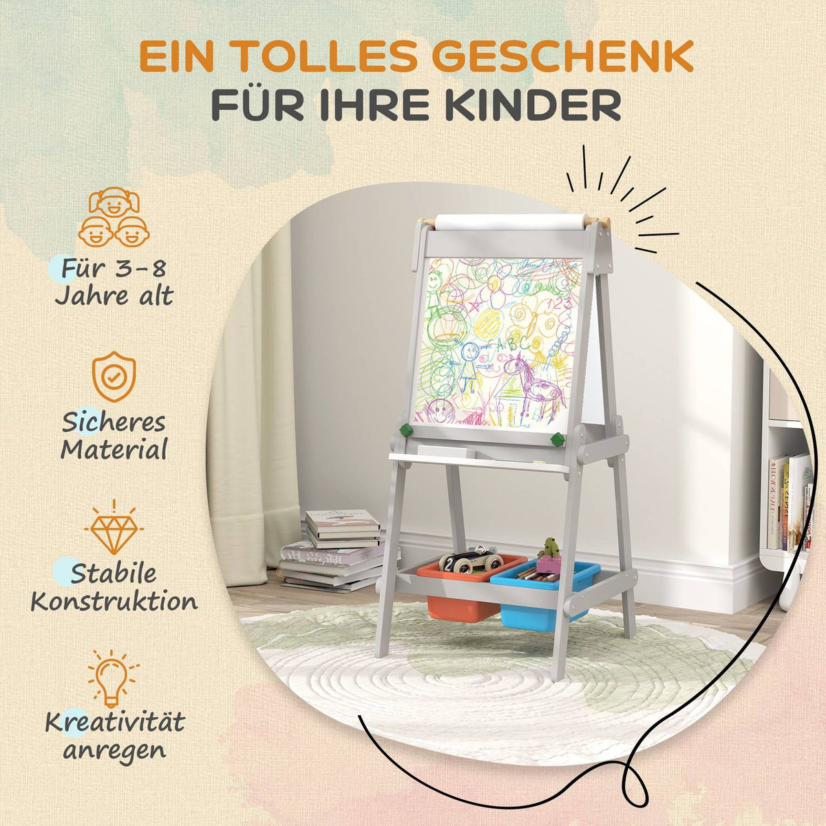 3-in-1 Children's Blackboard, Double-Sided Children's Easel with Chalkboard, Whiteboard, Easel with Eraser, Drawing Paper, Storage Boxes, for Children 3-8 Years, Gray