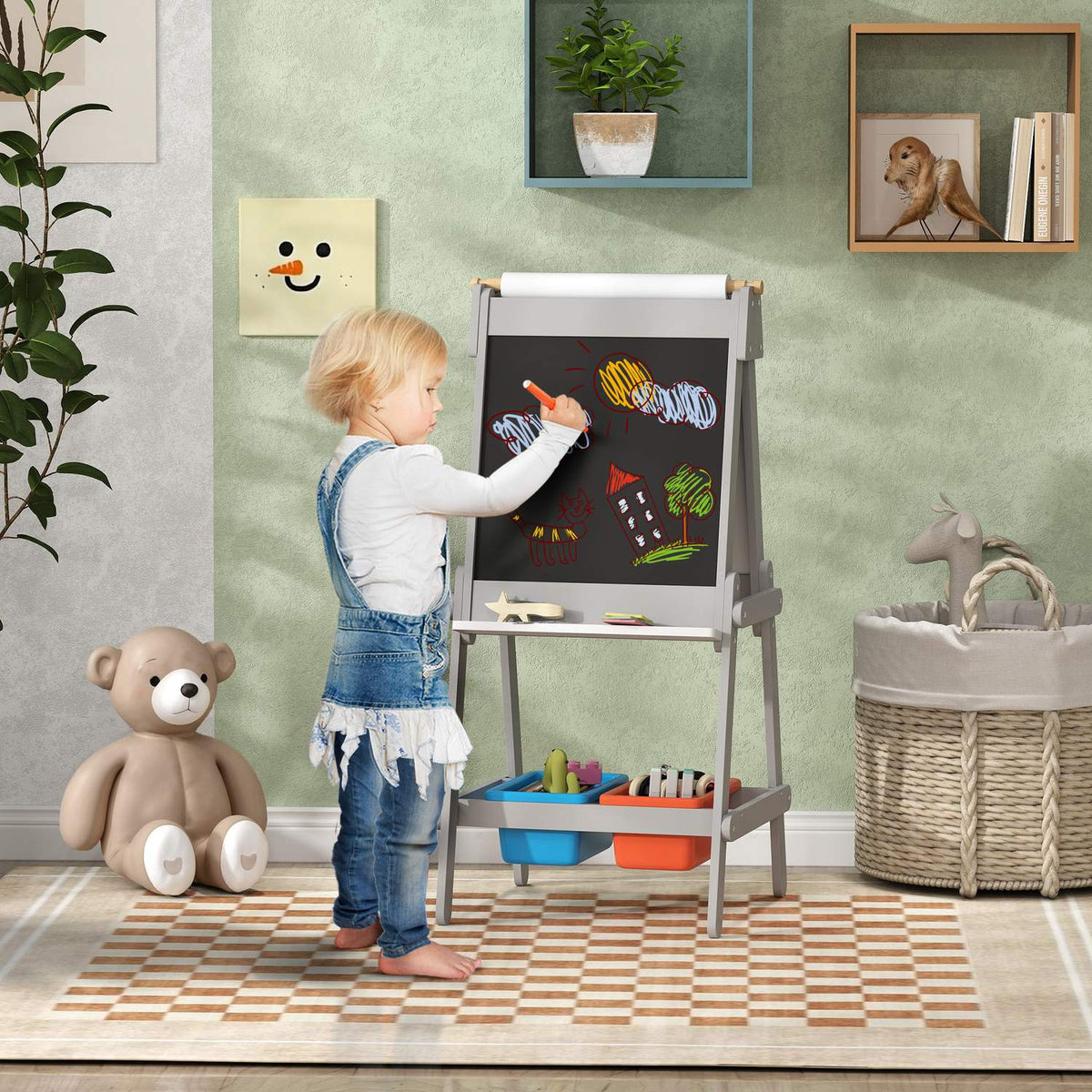 3-in-1 Children's Blackboard, Double-Sided Children's Easel with Chalkboard, Whiteboard, Easel with Eraser, Drawing Paper, Storage Boxes, for Children 3-8 Years, Gray
