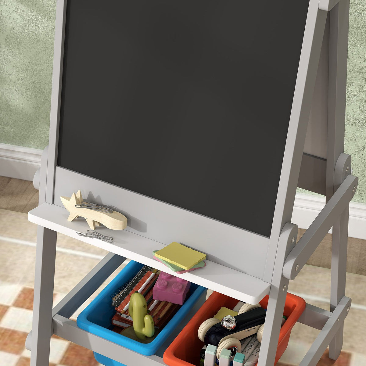 3-in-1 Children's Blackboard, Double-Sided Children's Easel with Chalkboard, Whiteboard, Easel with Eraser, Drawing Paper, Storage Boxes, for Children 3-8 Years, Gray