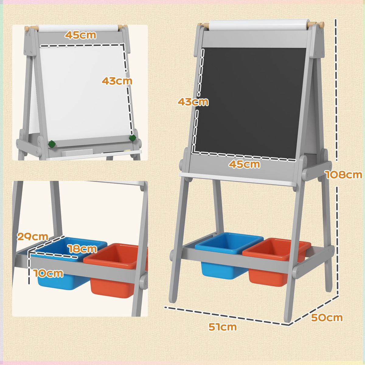 3-in-1 Children's Blackboard, Double-Sided Children's Easel with Chalkboard, Whiteboard, Easel with Eraser, Drawing Paper, Storage Boxes, for Children 3-8 Years, Gray