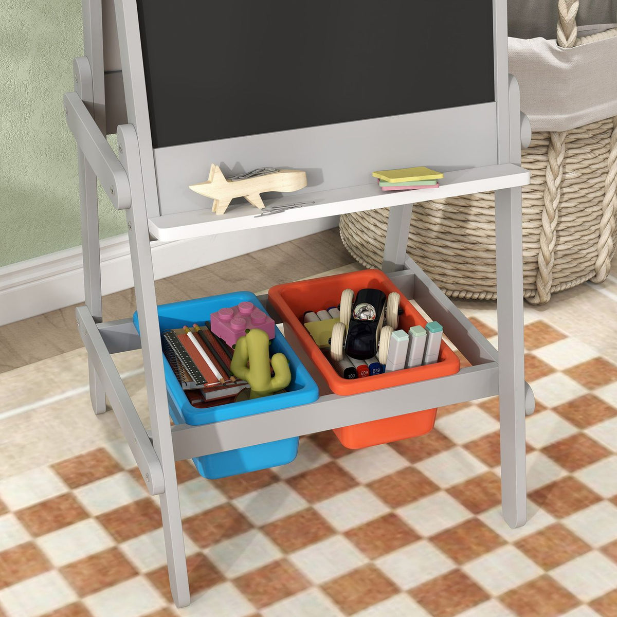 3-in-1 Children's Blackboard, Double-Sided Children's Easel with Chalkboard, Whiteboard, Easel with Eraser, Drawing Paper, Storage Boxes, for Children 3-8 Years, Gray