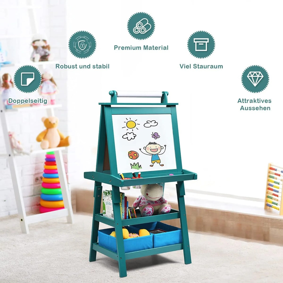 3 in 1 Children's Easel Children's Board Double-Sided Whiteboard & Chalkboard & Drawing Paper 59 x 50 x 117 cm Blue