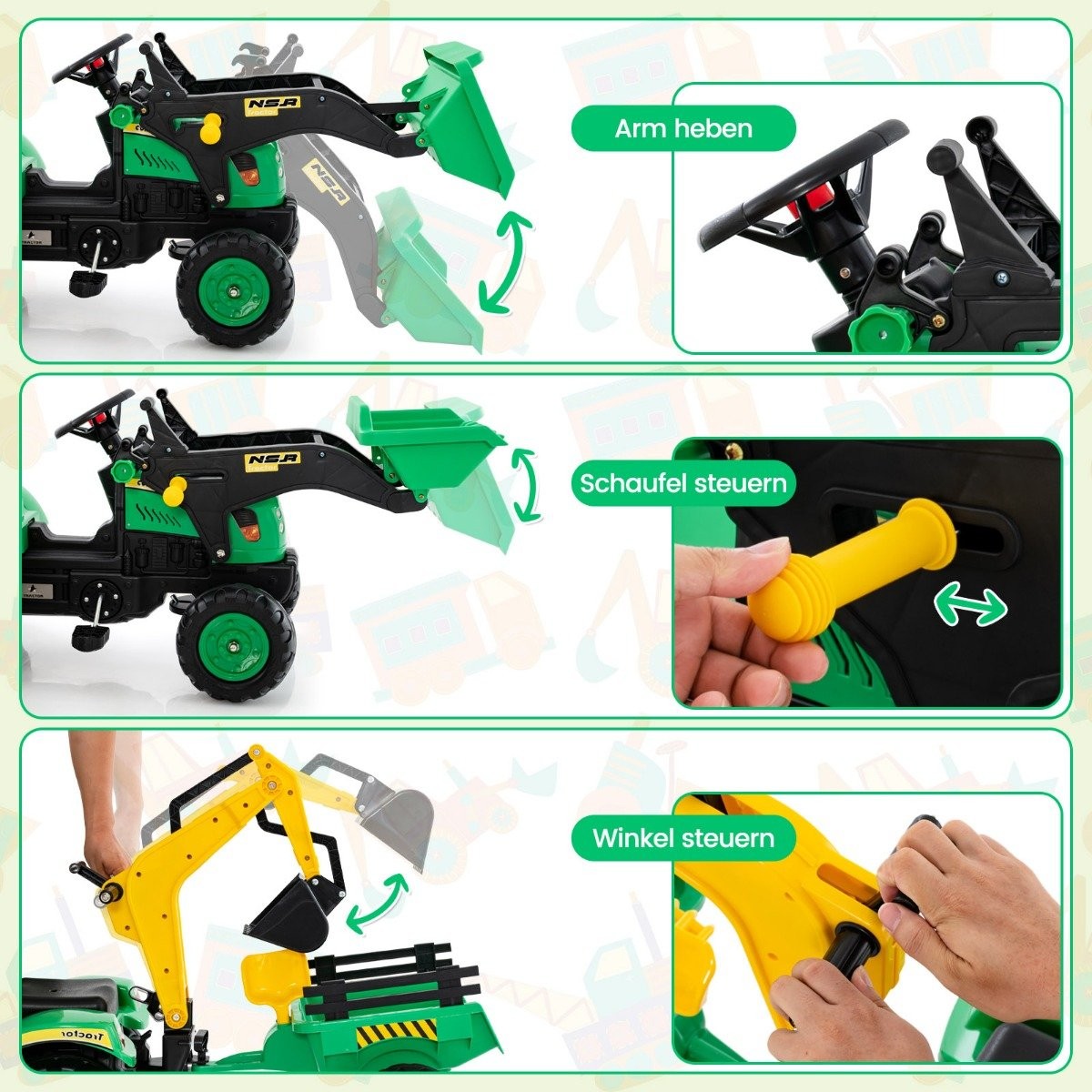3-in-1 Children's Ride-On Excavator Bulldozer with 6 Wheels 178 x 42 x 60 cm Green