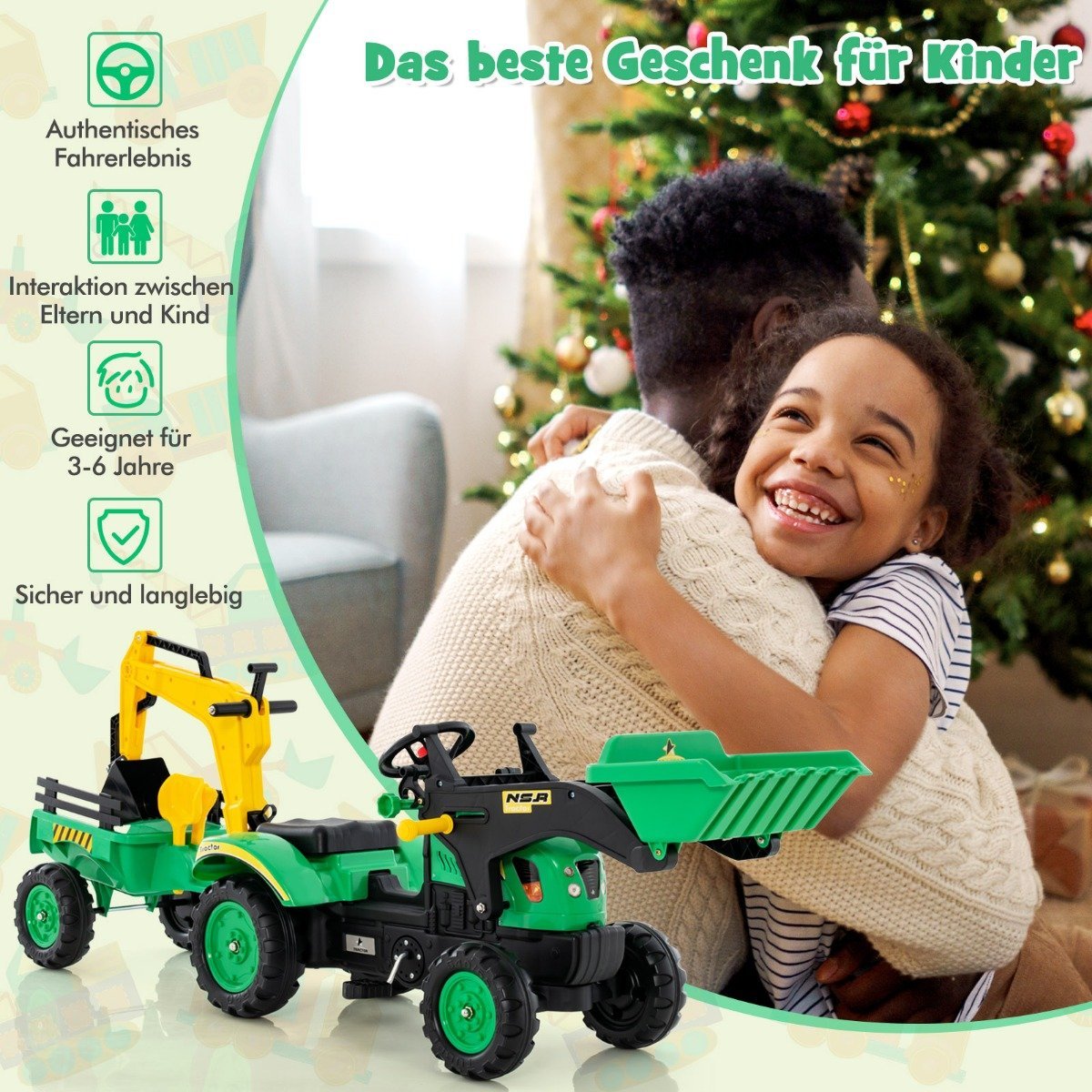 3-in-1 Children's Ride-On Excavator Bulldozer with 6 Wheels 178 x 42 x 60 cm Green