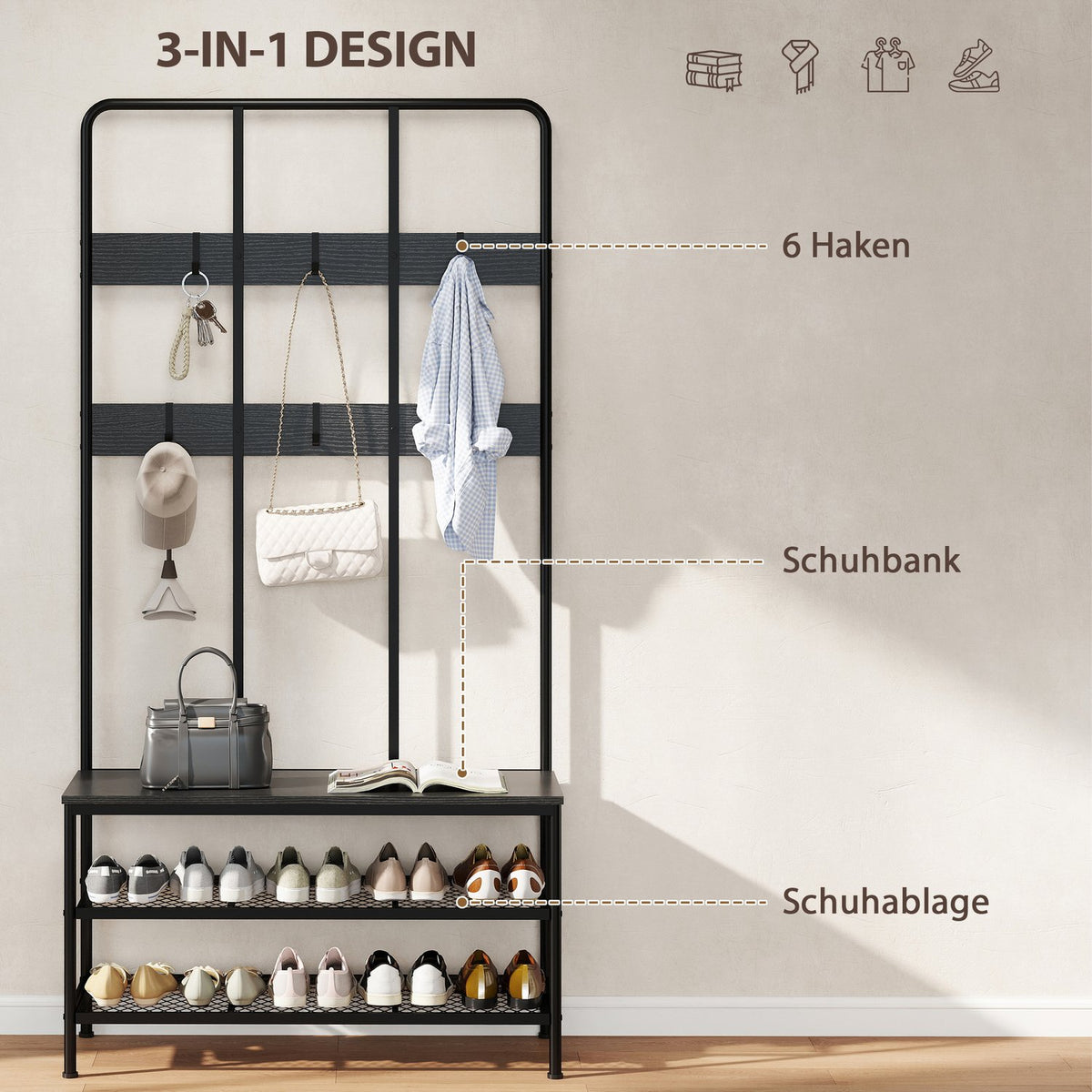3-in-1 Coat Rack with Bench and Shoe Shelf, Black Metal