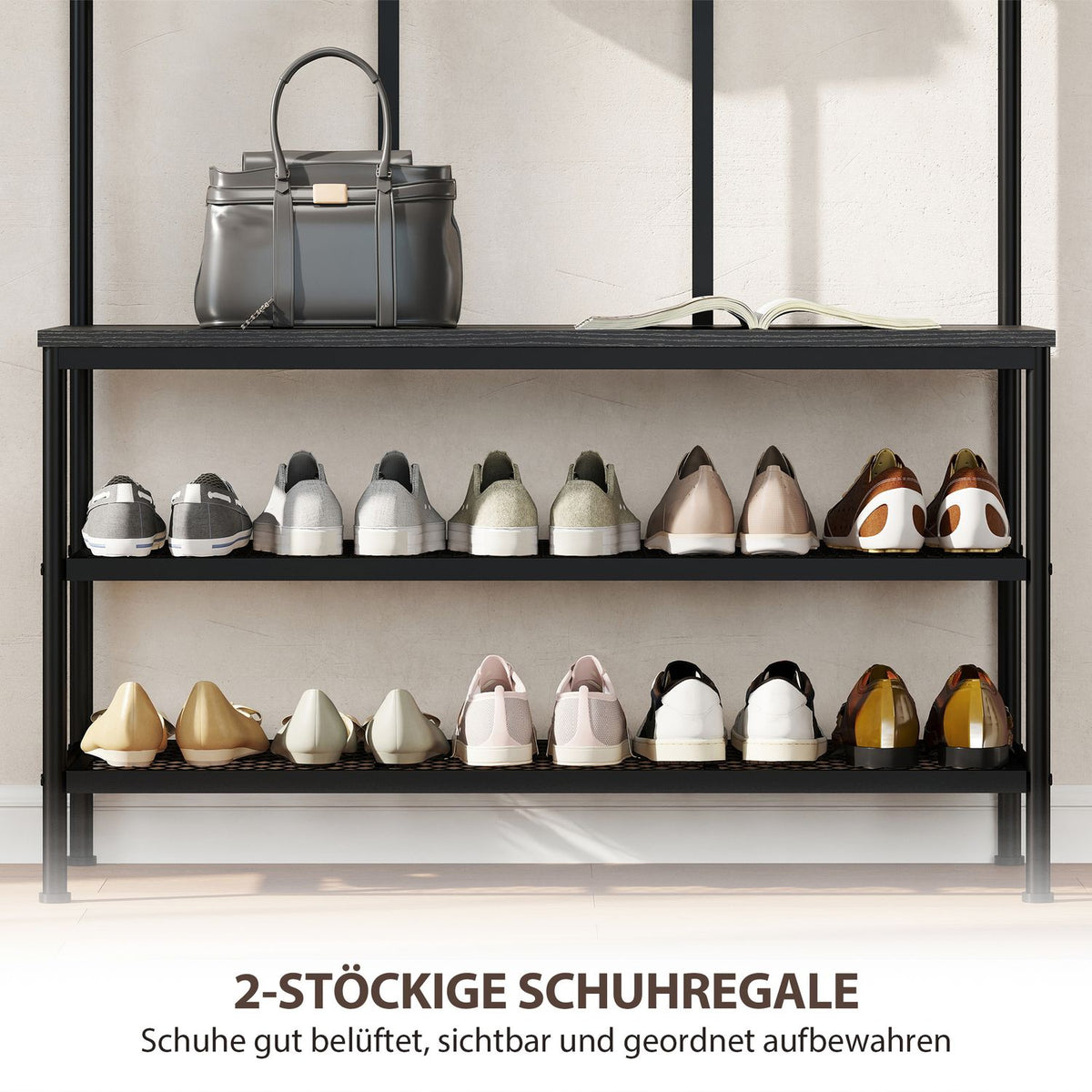 3-in-1 Coat Rack with Bench and Shoe Shelf, Black Metal