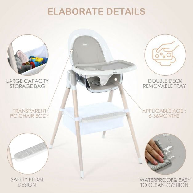 3-in-1 Convertible Baby High Chair, Height Adjust, Grey