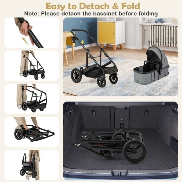 3-in-1 Convertible Baby Stroller, Folding Bassinet, Gray