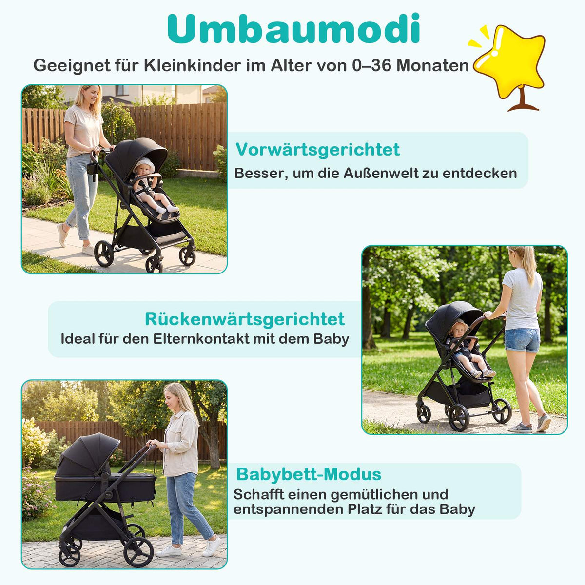 3-in-1 Foldable Stroller with Reversible Seat & Recline Function
