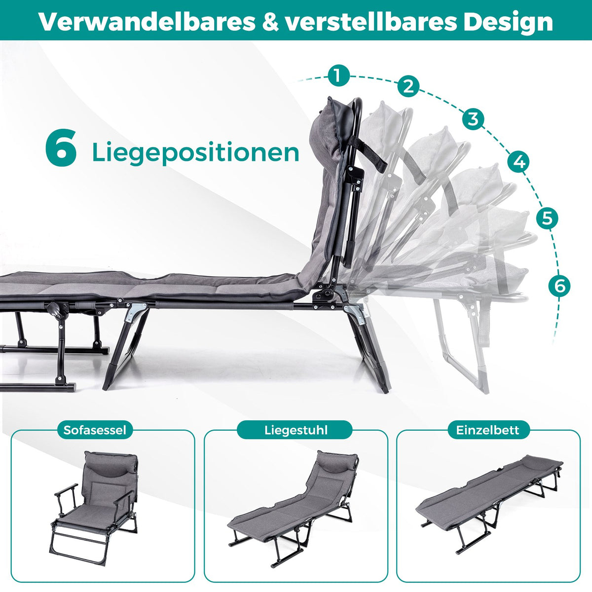 3 in 1 Folding Sun Lounger with Adjustable Backrest