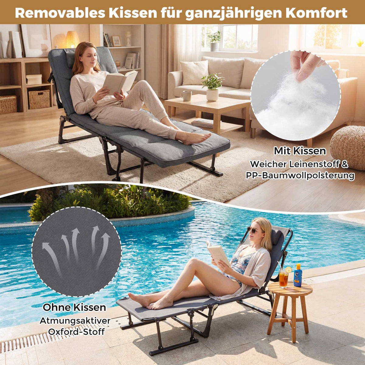 3 in 1 Folding Sun Lounger with Adjustable Backrest and Headrest