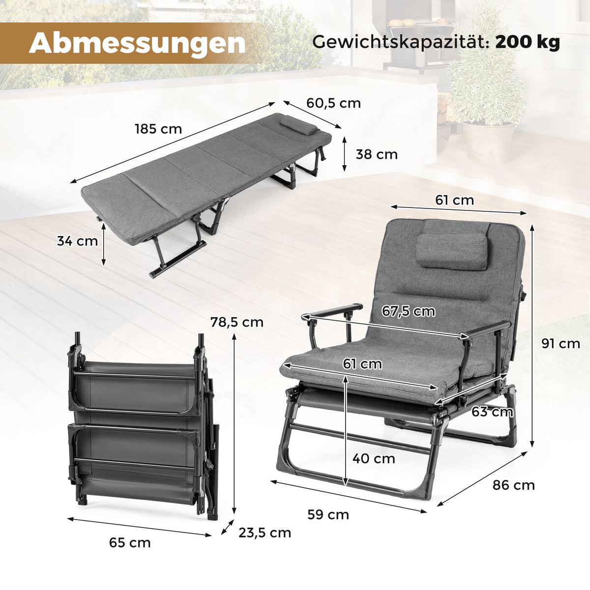 3 in 1 Folding Sun Lounger with Adjustable Backrest and Headrest