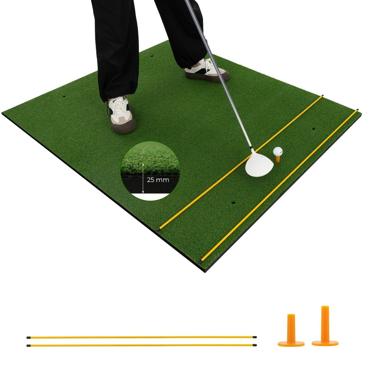 3 in 1 Golf Hitting Mat with Artificial Grass 2 Golf Tees 2 Alignment Rods & 6 Pre-Drilled Tee Holes 60" x 47"