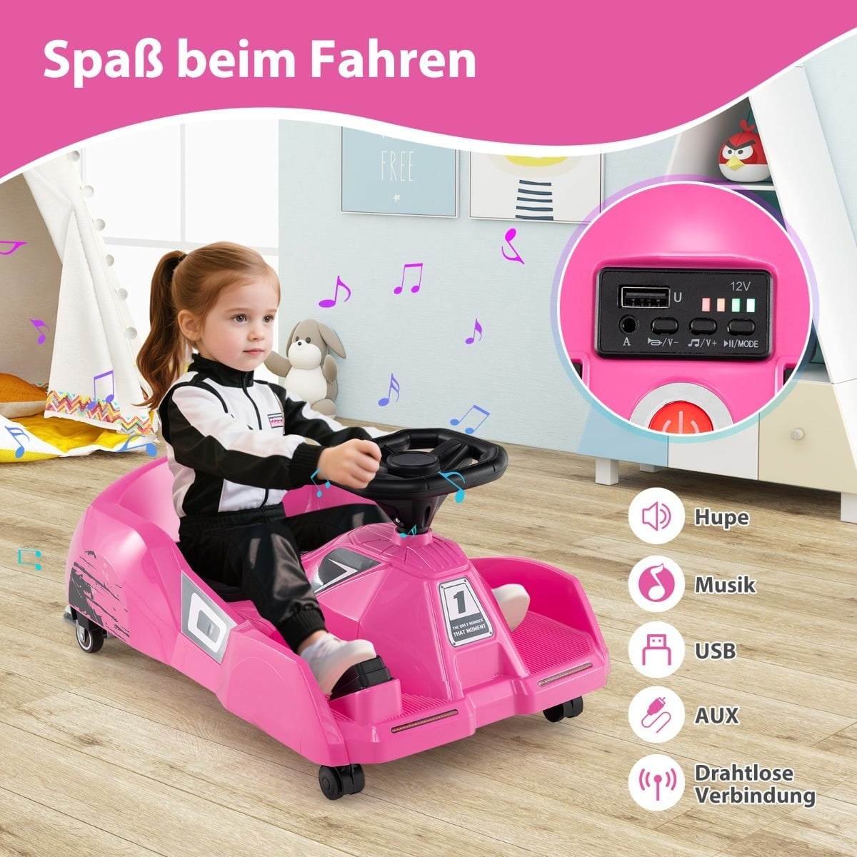 3-in-1 Kids Electric Go-Kart with Removable Mop, 12V