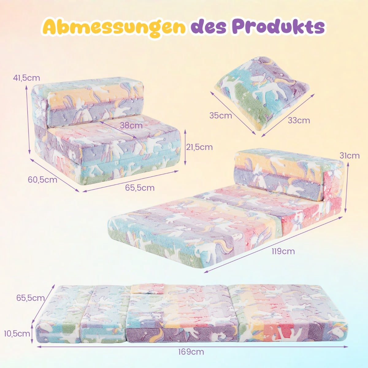 3-in-1 Kids Sofa Bed, Glow-in-the-Dark, Washable Cover