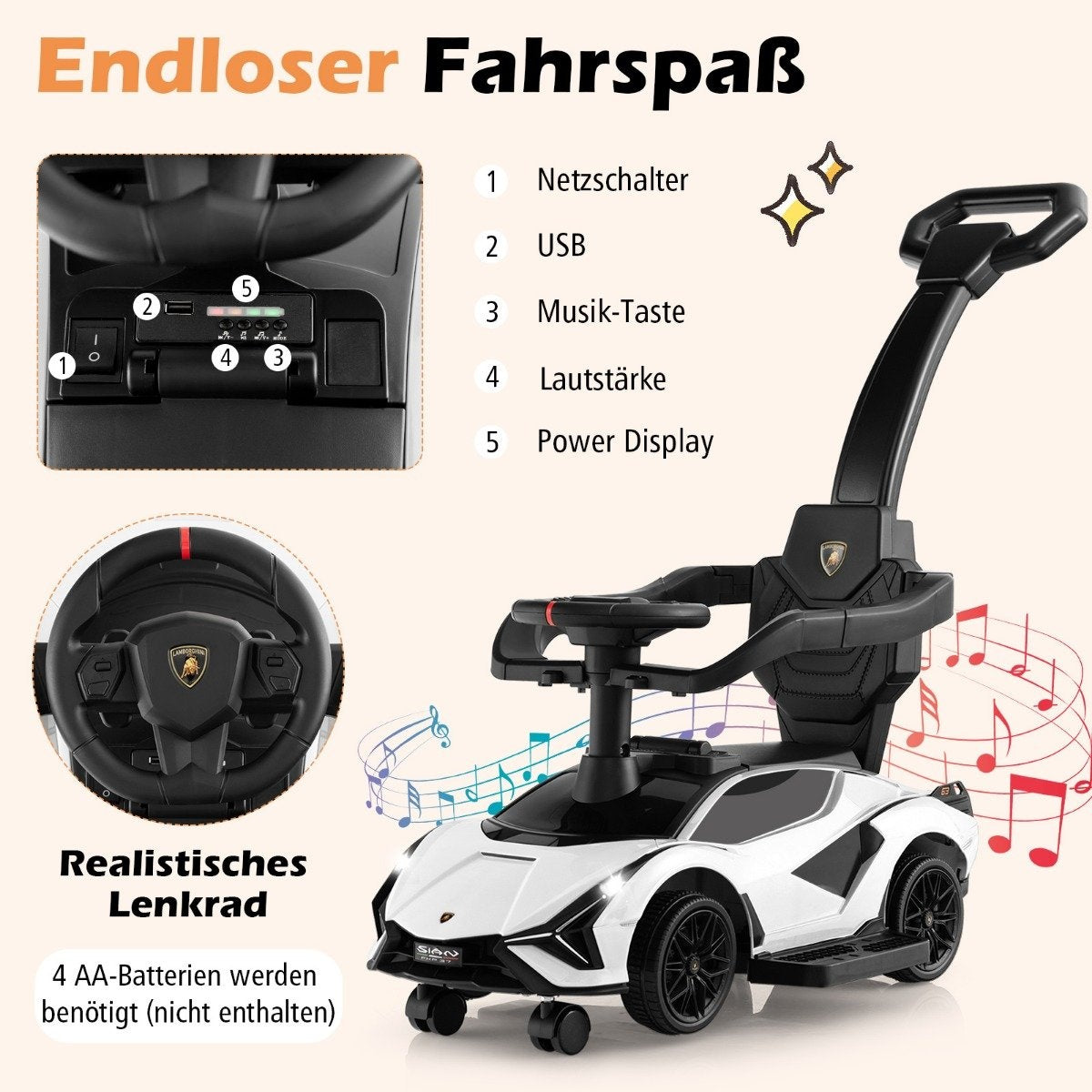 3-in-1 Lamborghini ride-on car push car with headlights &amp; Music &amp; White storage space