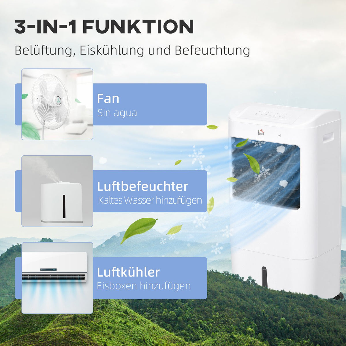 3 in 1 Mobile Air Conditioner with Air Humidification Water Cooling 15L 60° Oscillating Air Conditioner Air Cooler with 7.5h Timer, Remote Control, LED Display, for 20? White 37 x 32 x 78 cm