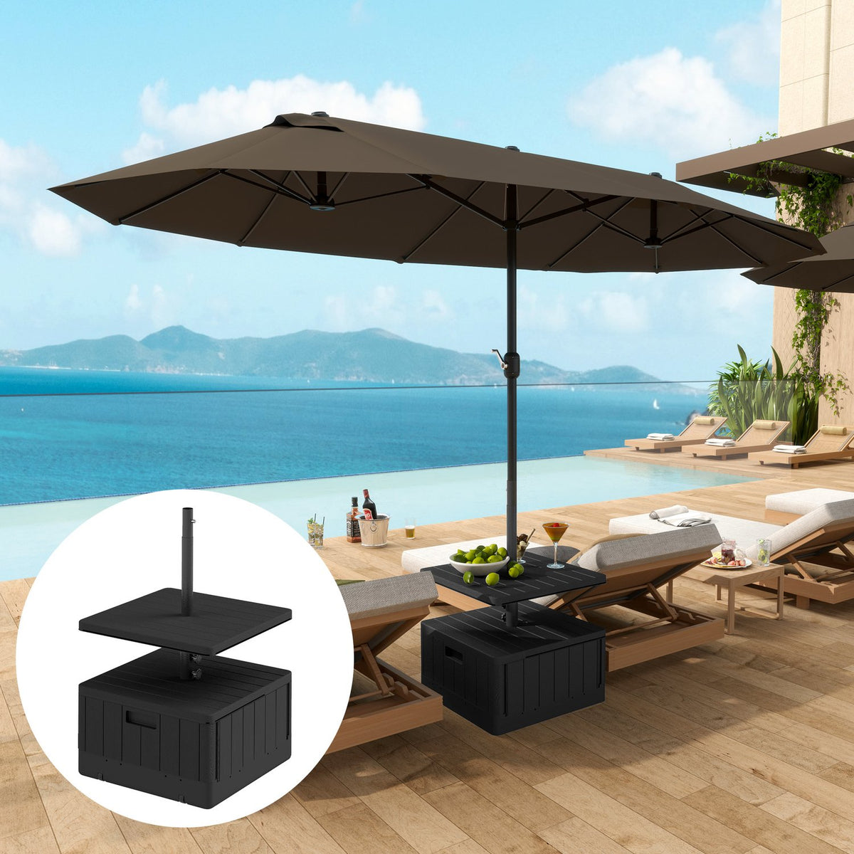3 in 1 Parasol Stand 80 kg Fillable, Plantable Umbrella Stand with Wheels, Table Top Square Umbrella Holder Umbrella Weight Stand for Parasol Diameter 38/48 mm, for Balcony Black