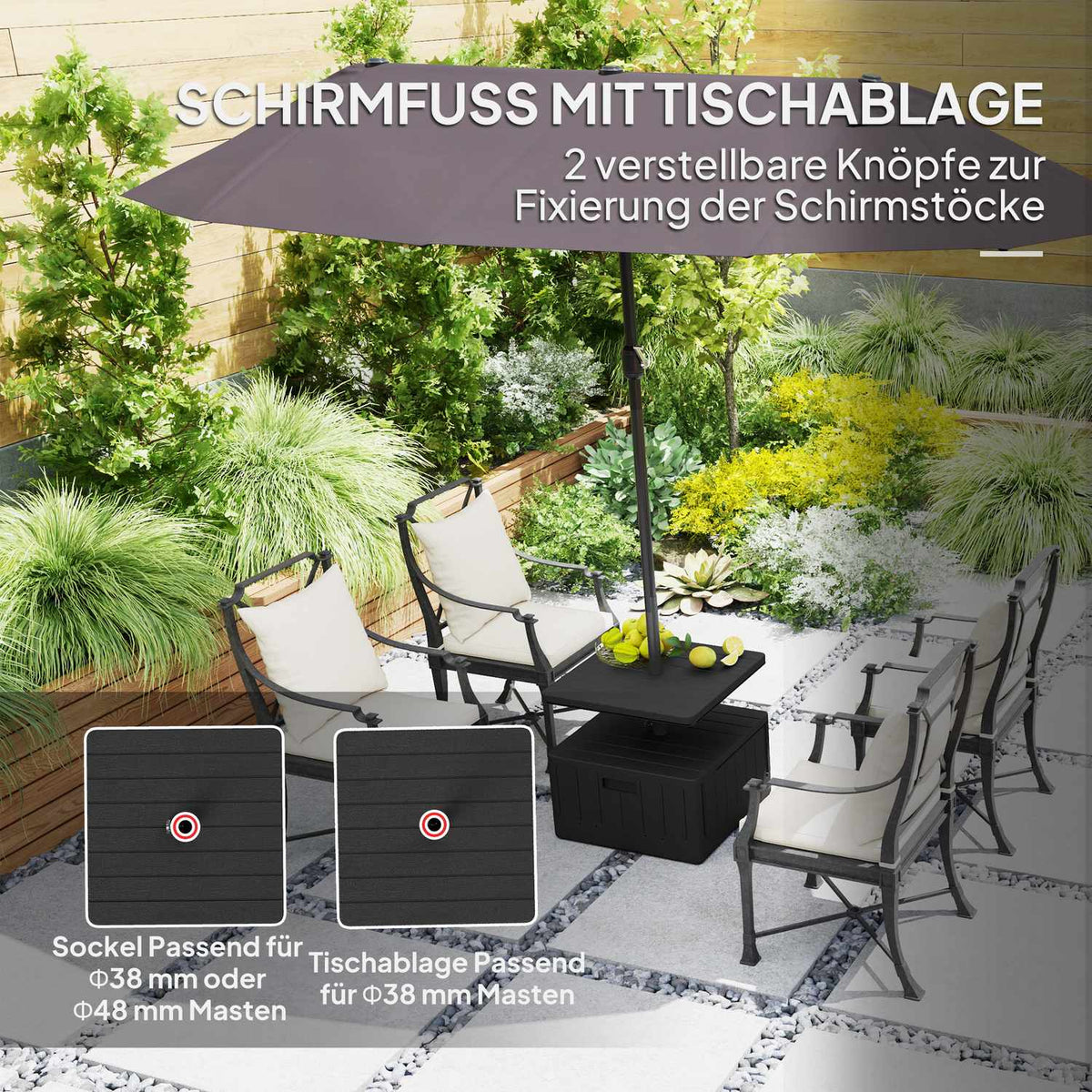 3 in 1 Parasol Stand 80 kg Fillable, Plantable Umbrella Stand with Wheels, Table Top Square Umbrella Holder Umbrella Weight Stand for Parasol Diameter 38/48 mm, for Balcony Black