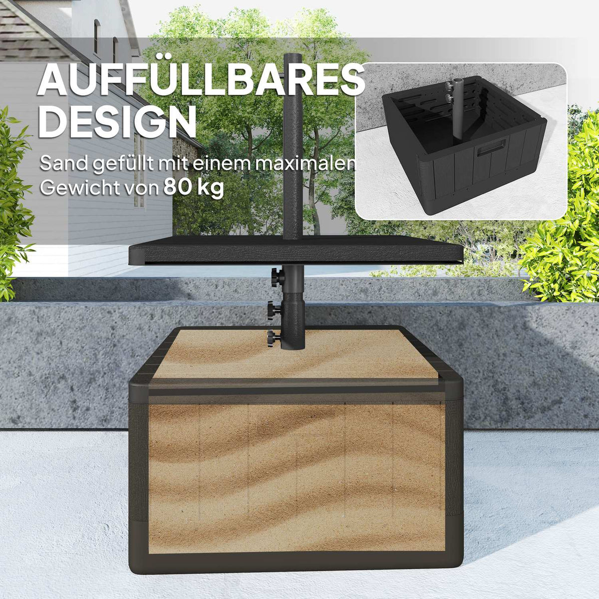 3 in 1 Parasol Stand 80 kg Fillable, Plantable Umbrella Stand with Wheels, Table Top Square Umbrella Holder Umbrella Weight Stand for Parasol Diameter 38/48 mm, for Balcony Black