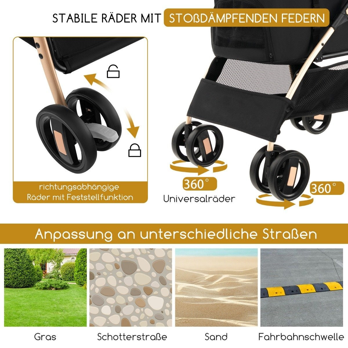 3-in-1 Pet Stroller, Foldable, Up to 15 kg, Black