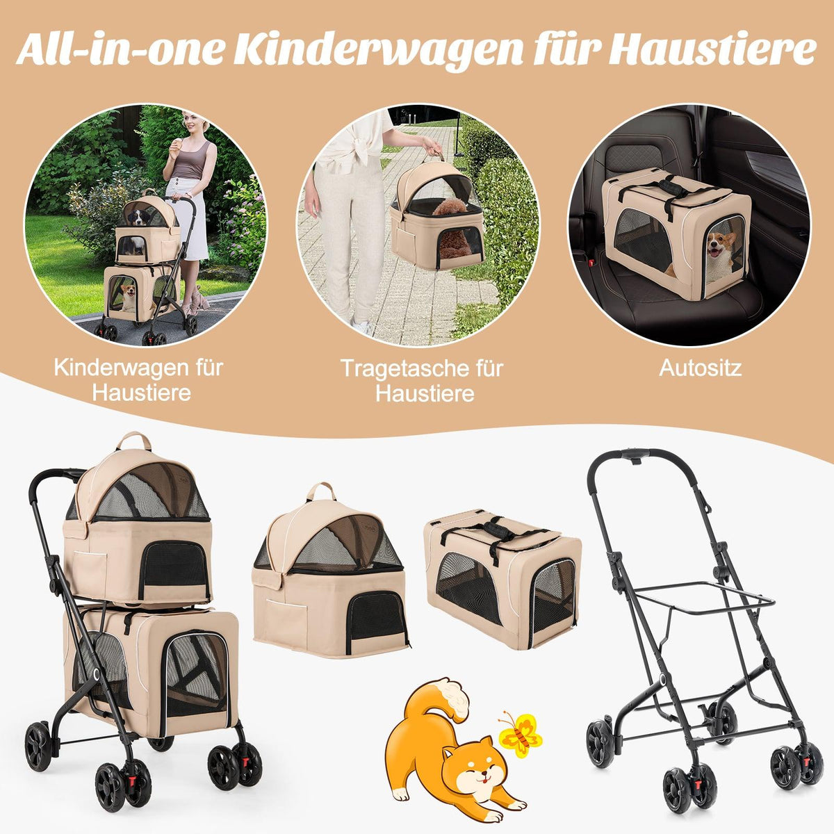 3-in-1 Pet Stroller with Dual Tiers & Storage, Beige