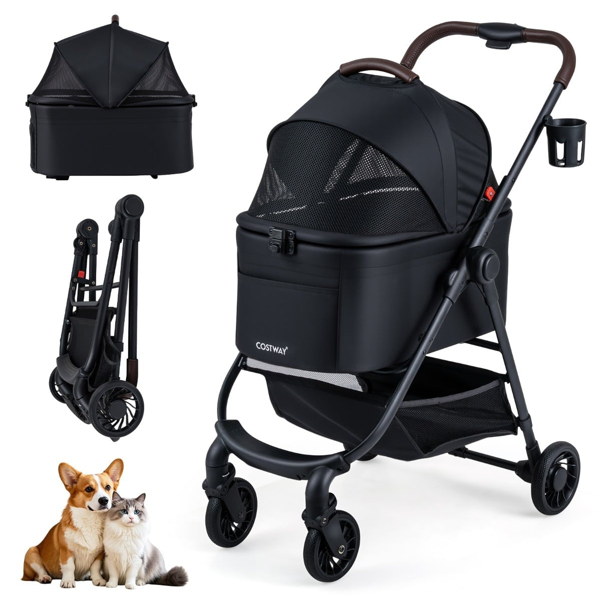 3-in-1 Pet Stroller with Removable Carrier & Adjustable Canopy