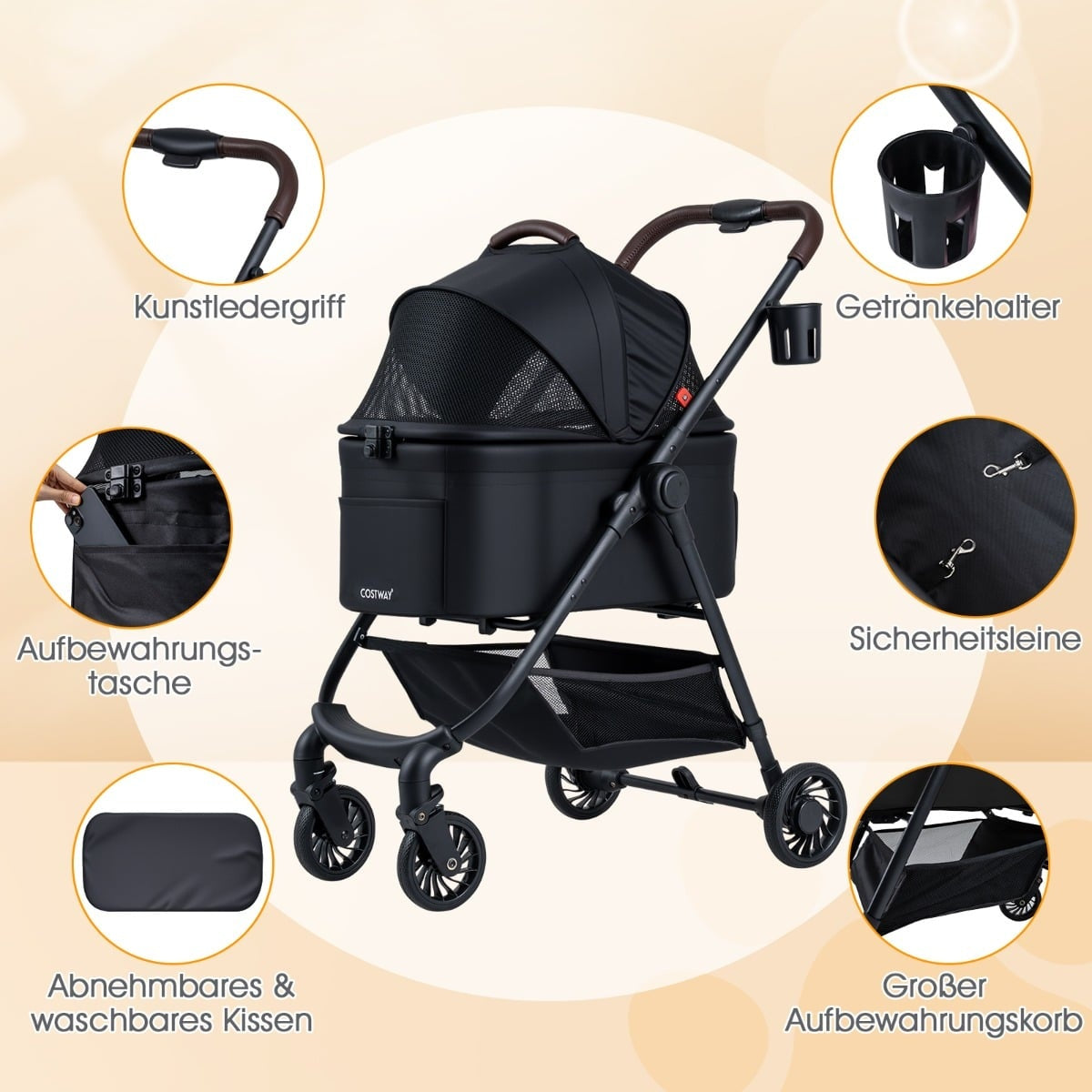 3-in-1 Pet Stroller with Removable Carrier & Adjustable Canopy