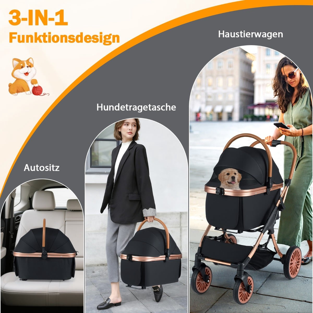 3-in-1 Pet Stroller with Sunshade & Safety Leash