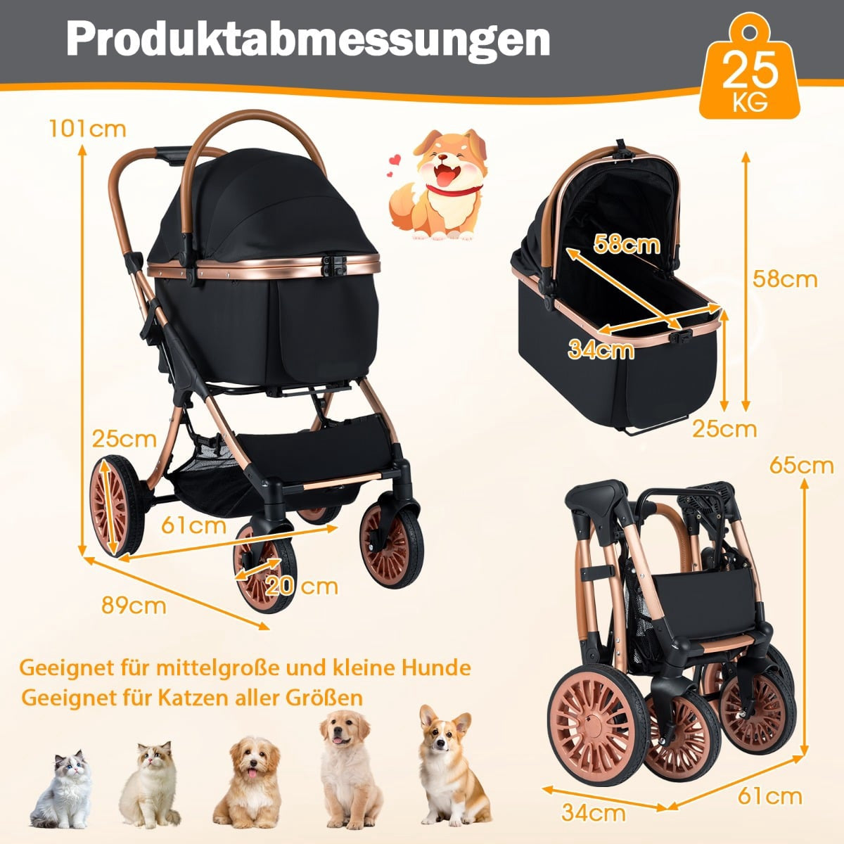 3-in-1 Pet Stroller with Sunshade & Safety Leash