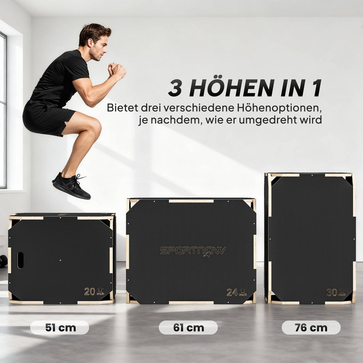 3-in-1 Plyo Box with Handles, Wood, Black, 3 Heights