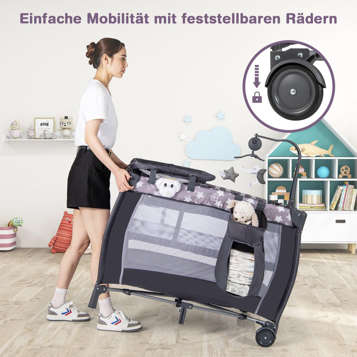 3-in-1 Portable Baby Crib with Mattress & Toys, Grey