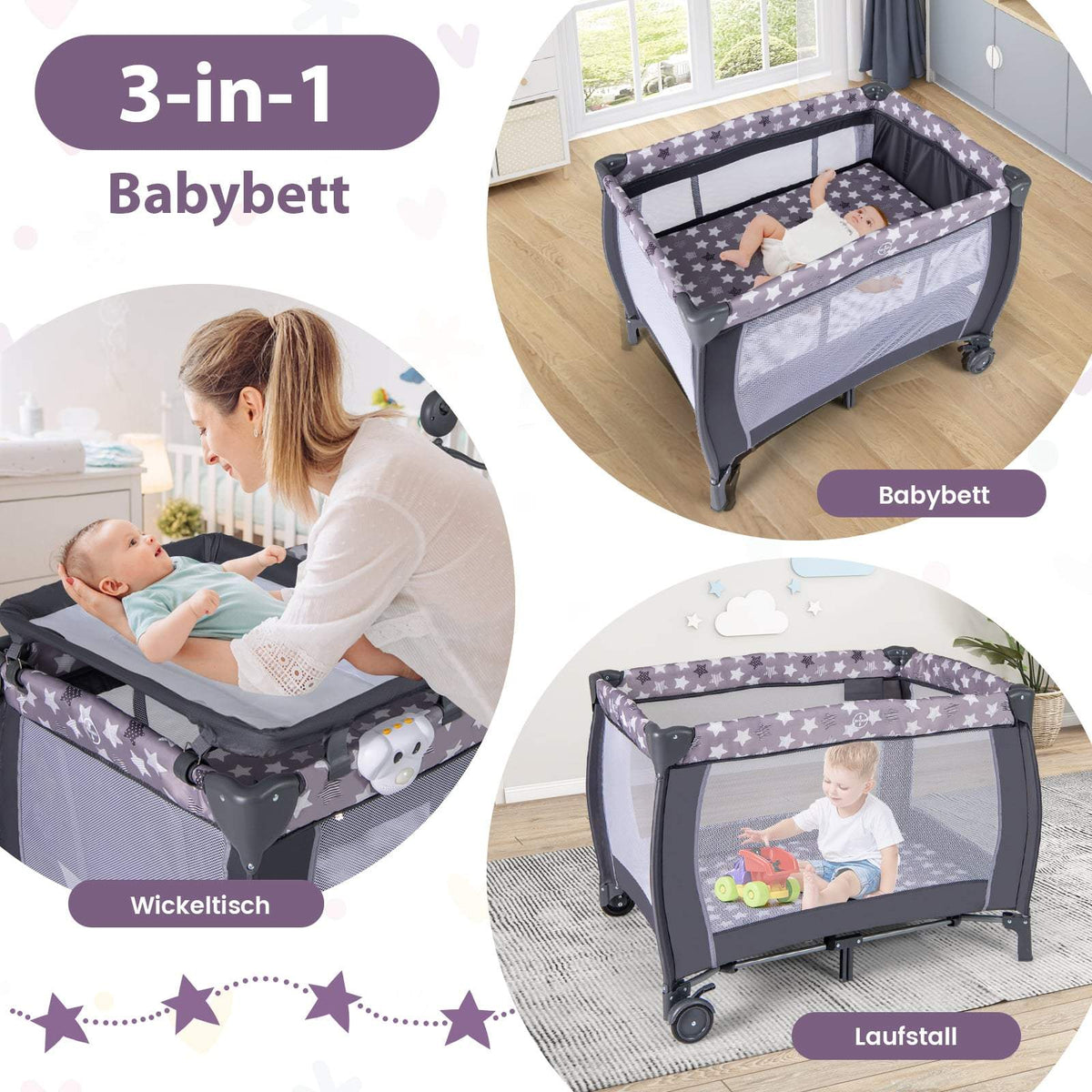 3-in-1 Portable Baby Crib with Mattress & Toys, Grey