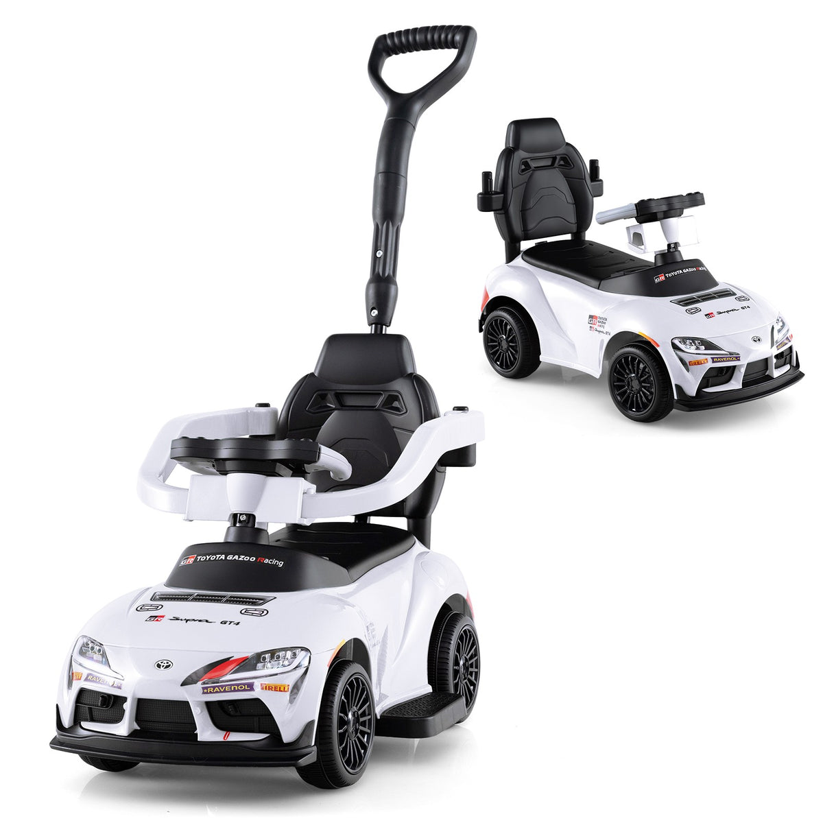 3-in-1 Ride-On Toy Car with Storage and Push Handle, White