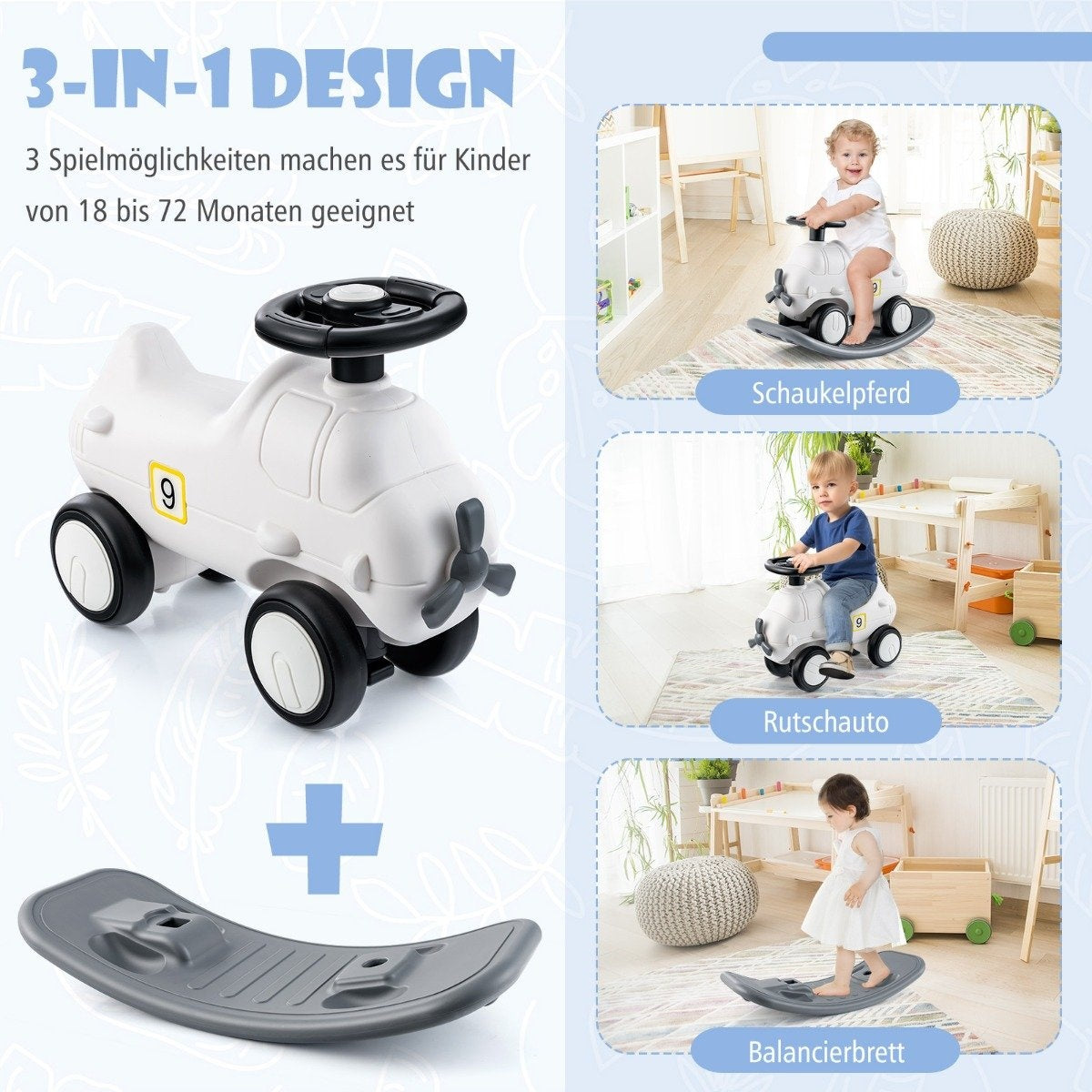 3 in 1 Rocking Horse Rocking Animal & Ride-On Car with Removable Balance Board White Airplane