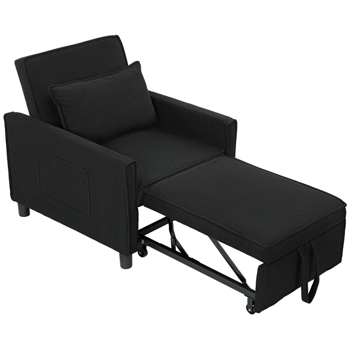 3-in-1 Sleeping Chair, Folding Bed with Bed Function, Lumbar Cushion, Folding Deck Chair with Adjustable Backrest, Wheels, Side Pocket, for Living Room, Corduroy, Black