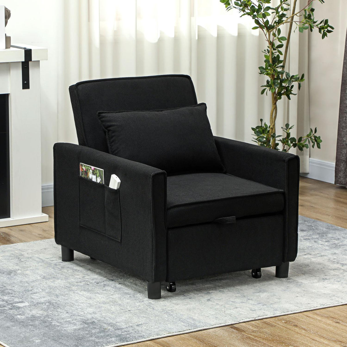 3-in-1 Sleeping Chair, Folding Bed with Bed Function, Lumbar Cushion, Folding Deck Chair with Adjustable Backrest, Wheels, Side Pocket, for Living Room, Corduroy, Black