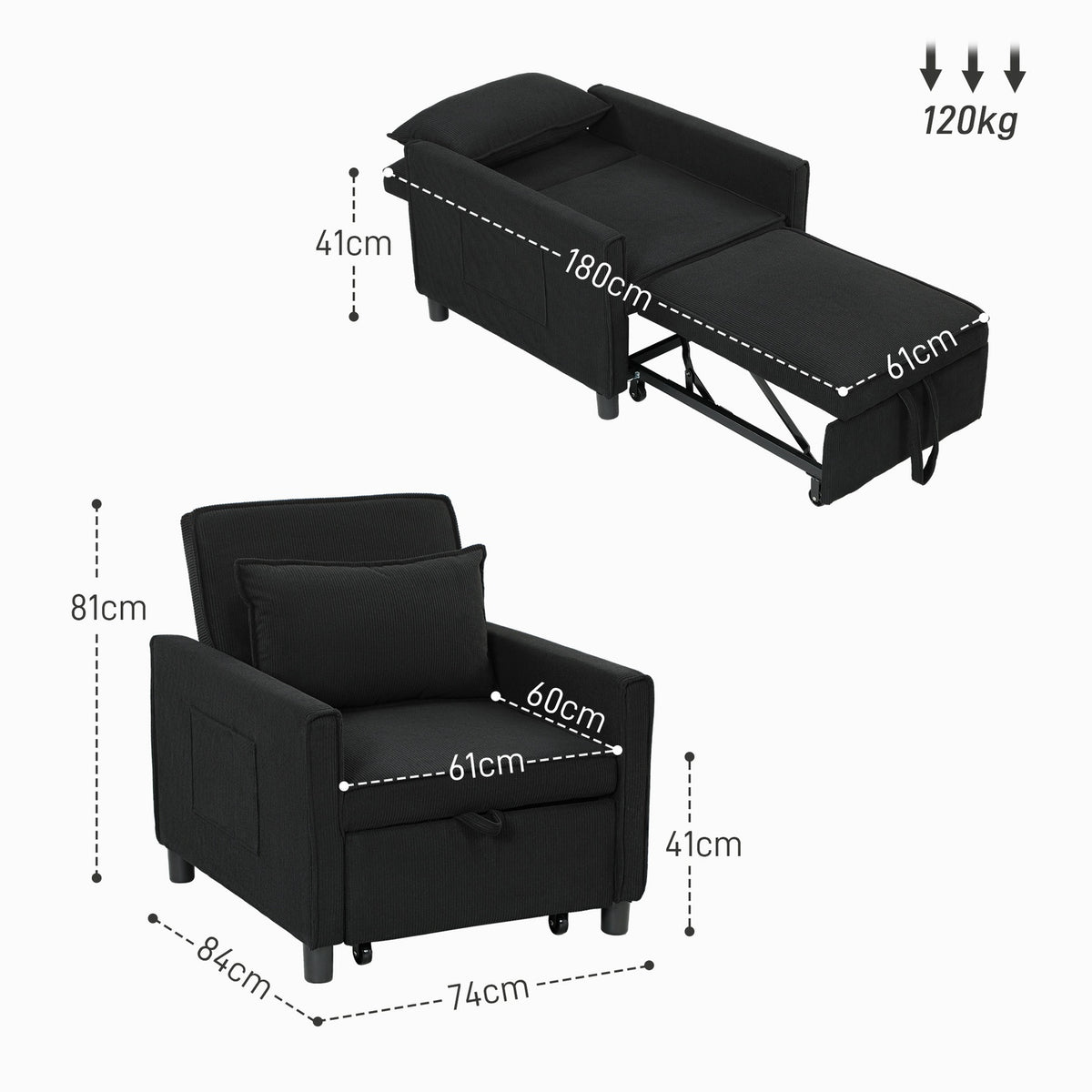 3-in-1 Sleeping Chair, Folding Bed with Bed Function, Lumbar Cushion, Folding Deck Chair with Adjustable Backrest, Wheels, Side Pocket, for Living Room, Corduroy, Black