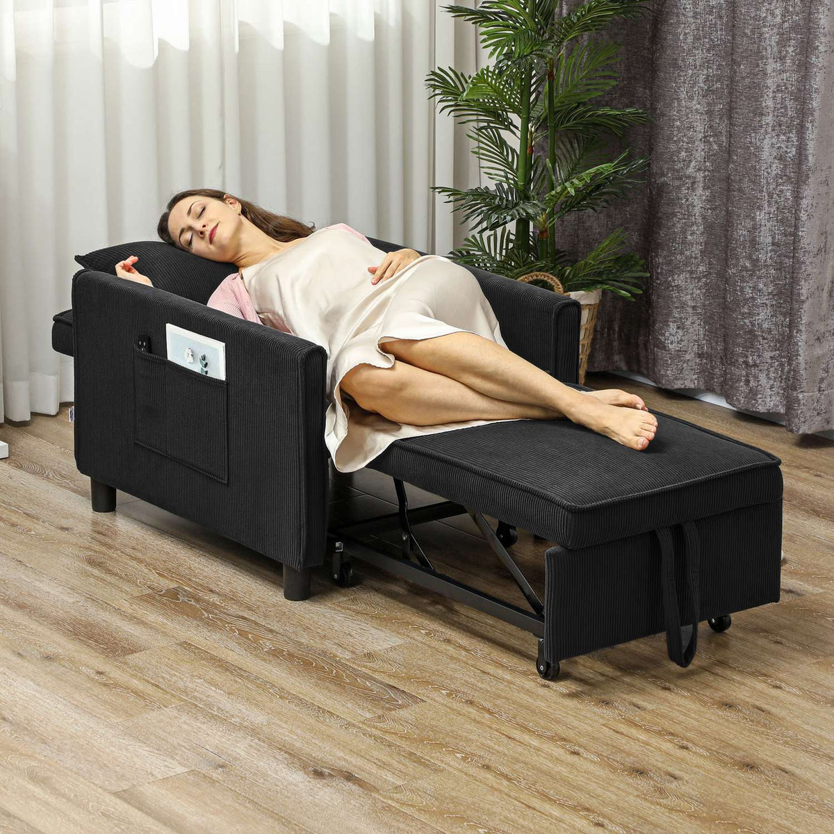 3-in-1 Sleeping Chair, Folding Bed with Bed Function, Lumbar Cushion, Folding Deck Chair with Adjustable Backrest, Wheels, Side Pocket, for Living Room, Corduroy, Black